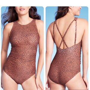 Kona Sol Spotted Print High Neck One Piece Swimsuit NWT